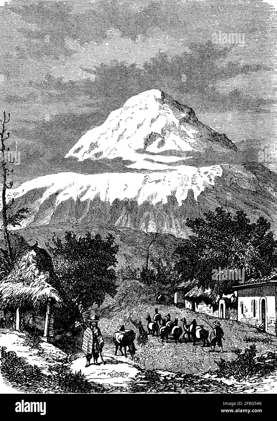 Der inaktive Vulkan Chimborazo, Chimborasso, mit 6263 m über dem Meeresspiegel der höchste Berg Ecuadors, 1870 / der inaktive Vulkan Chimborazo, Tschimborasso, mit 6263 m Höhe über dem Meeresspiegel der höchsten Berg in Ecuador, im Jahr 1870, Historisch, historisch, Digitale verbesserte Reproduktion eines Originals aus dem 19. Jahrhundert / digitale Reproduktion einer Originalvorlage aus dem 19. Jahrhundert, Originaldatum nicht bekannt Stockfoto