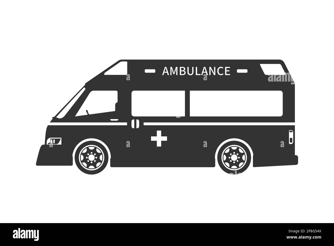 Die schwarze Silhouette eines Krankenwagens im japanischen Stil, ein Wort des Krankenwagens und ein medizinisches Kreuz auf einer Seite des Autos. Stock Vektor