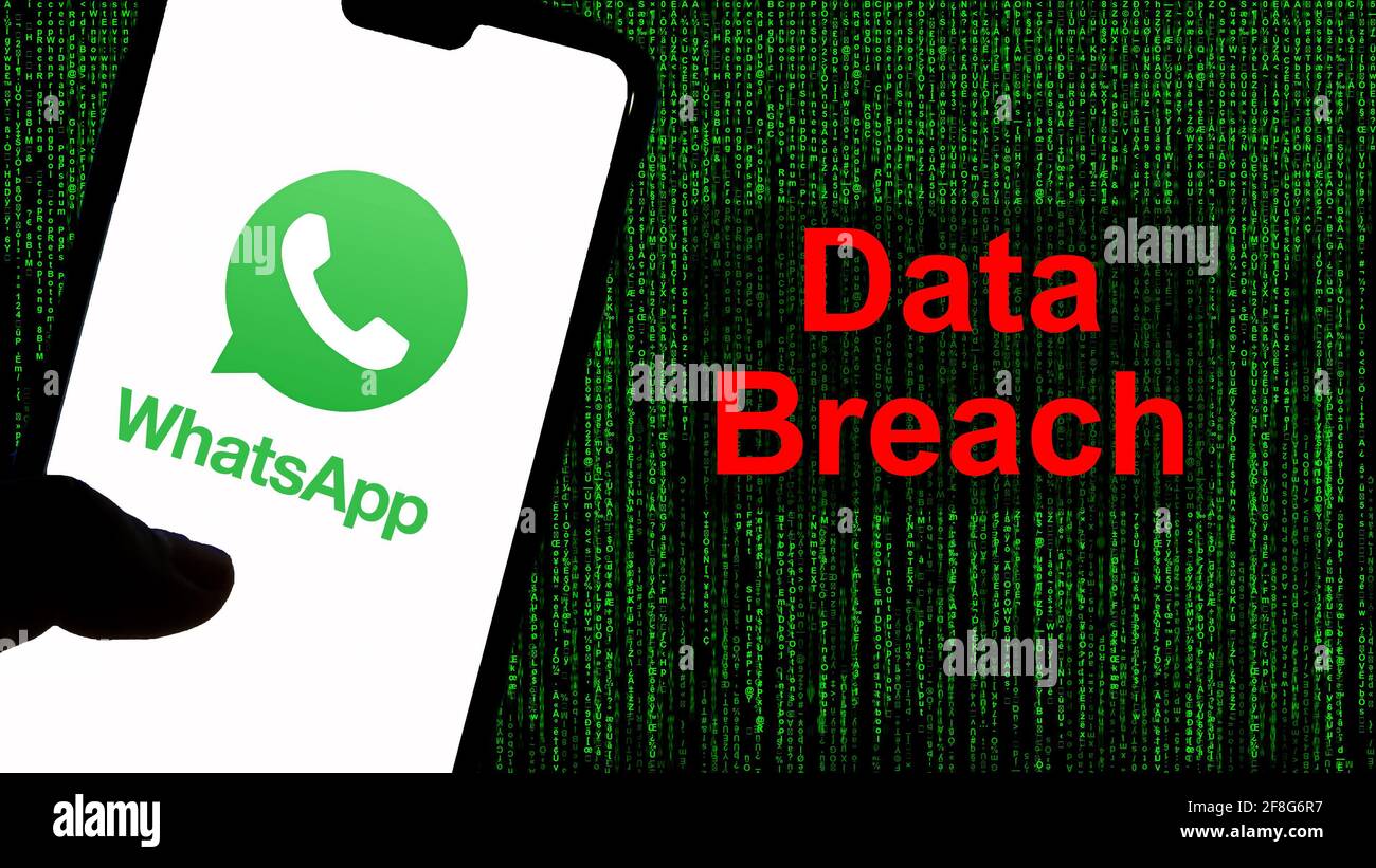 WhatsApp-Logo auf einem Smartphone gegen grünen Text im Hintergrund. Stockfoto