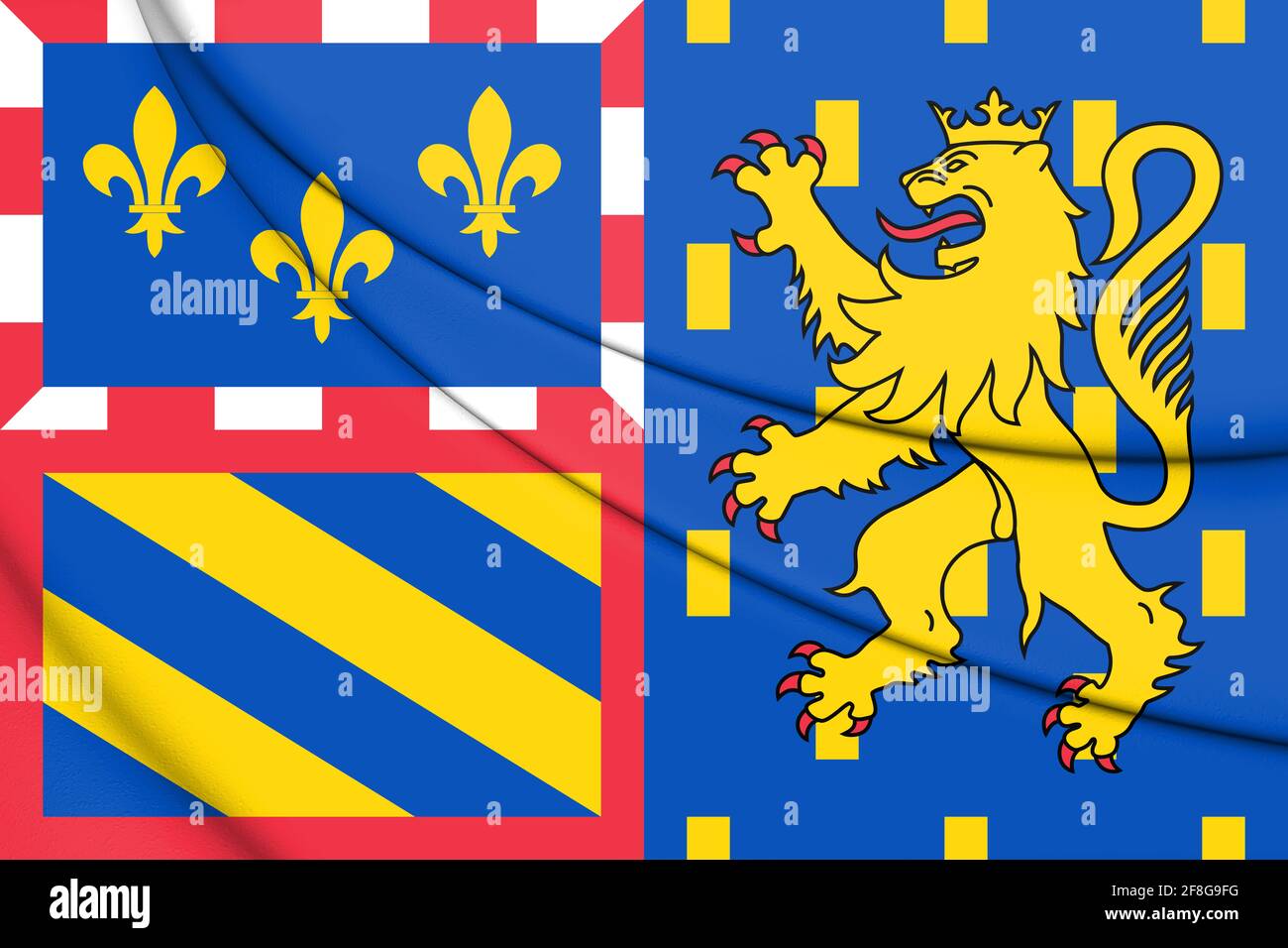 3D Bourgogne-Franche-Comte Flagge, Frankreich. 3D-Illustration. Stockfoto