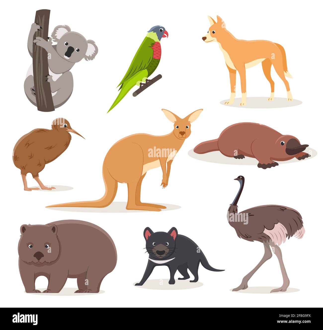 Set von lustigen Comic-australischen Tieren - emu, Strauß, Koala auf einem Zweig, Tasmanischer Teufel, Dingohund, Schnabeltiere, Kiwi-Vogel und Wombat Stock Vektor