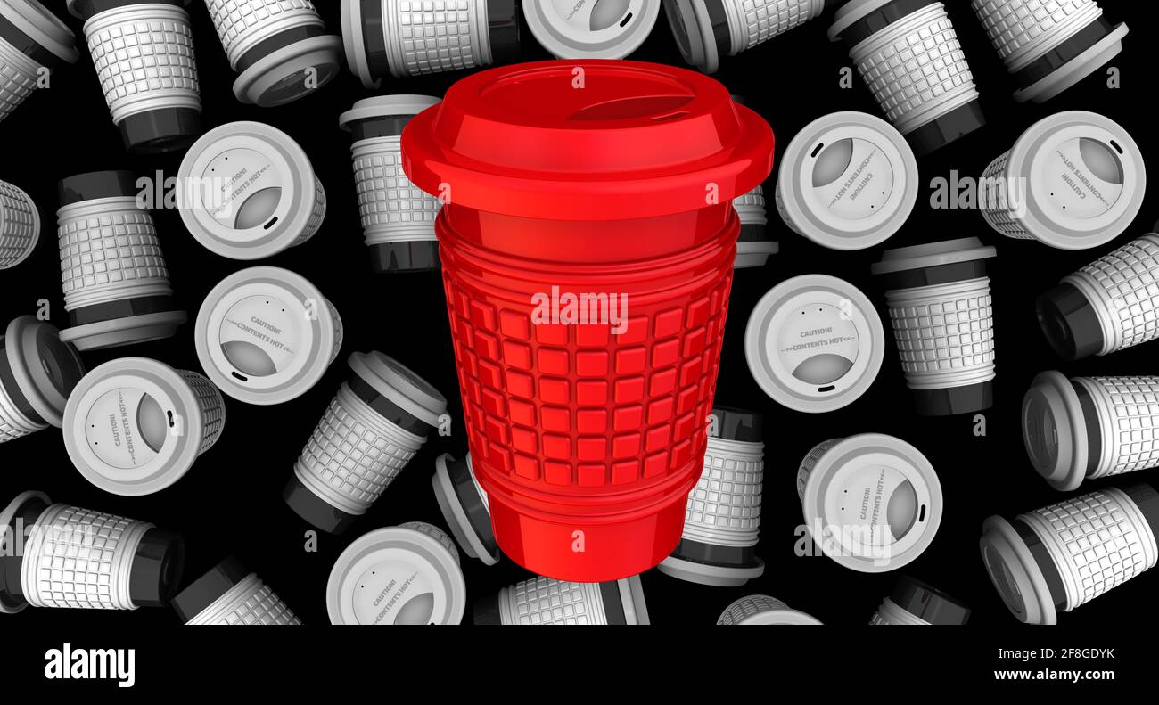 Einweg-Becher aus rotem Karton für heiße Getränke auf dem Hintergrund von schwarz und weiß nehmen Tasse auf schwarzer Oberfläche. 3D-Illustration Stockfoto