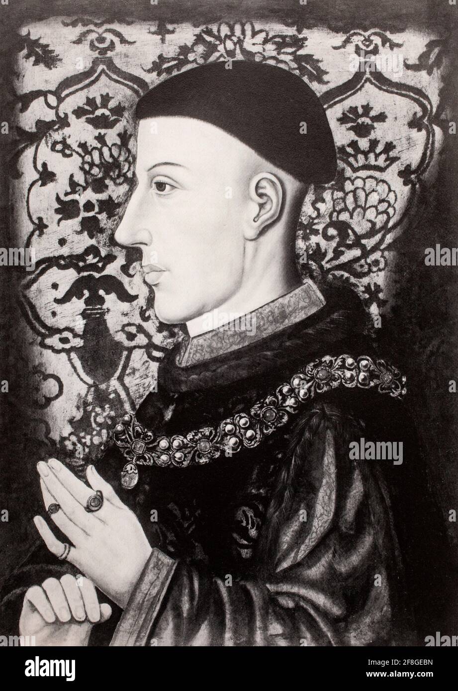 Ein Porträt von Heinrich V. 1386-1422), auch Heinrich von Monmouth genannt, war er von 1413 bis zu seinem Tod 1422 König von England. Trotz seiner relativ kurzen Regierungszeit machten Heinrichs herausragende militärische Erfolge im Hundertjährigen Krieg gegen Frankreich England zu einer der stärksten Militärmächte in Europa und Henry ist bekannt und wird als einer der größten Kriegerkönige des mittelalterlichen Englands gefeiert. Stockfoto