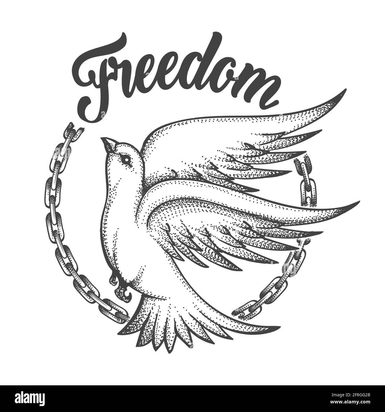 Freedom Taube mit gebrochener Kette und Aufschrift Freedom. Freedom Concept Tattoo auf weißem Hintergrund. Vektorgrafik Stock Vektor