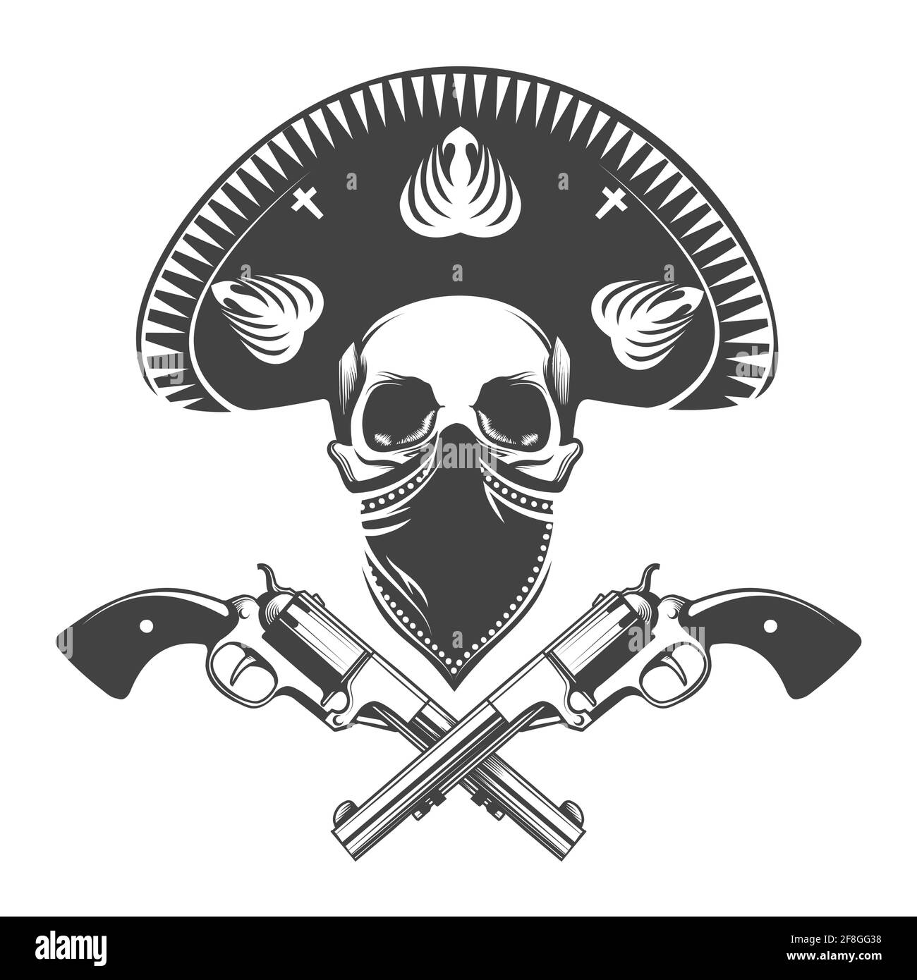 Mexikanischer Bandit Schädel in Sombrero Hut mit zwei Pistolen.Tattoo isoliert auf dunklem Hintergrund. Vektorgrafik. Stock Vektor