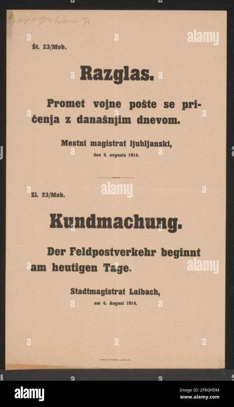 Feldpostverkehr - Kunst - Laibach - Mehrsprachiges Plakat Beginn des Feldpostverkehrs 4. August 1914 - Stadtmagistrat Laibach, am 4. August 1914 - ZL. 23 / MOB. Stockfoto