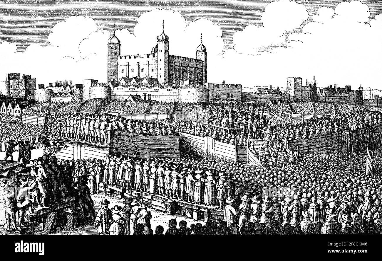 Die Hinrichtung von Thomas Wentworth, 1. Earl of Strafford (1593-1641), einem englischen Staatsmann und einer bedeutenden Persönlichkeit in der Zeit vor dem englischen Bürgerkrieg. Er diente im Parlament und war ein Unterstützer von König Charles I. von 1632 bis 1640 war er Lord Deputy of Ireland, wo er eine starke autoritäre Herrschaft begründete. Nach England zurückgerufen, wurde er ein führender Berater des Königs und versuchte, die königliche Position gegen das Parlament zu stärken. Als das Parlament Wentworth zum Tode verurteilte, unterzeichnete Charles widerwillig den Todesbefehl und Wentworth wurde hingerichtet. Stockfoto