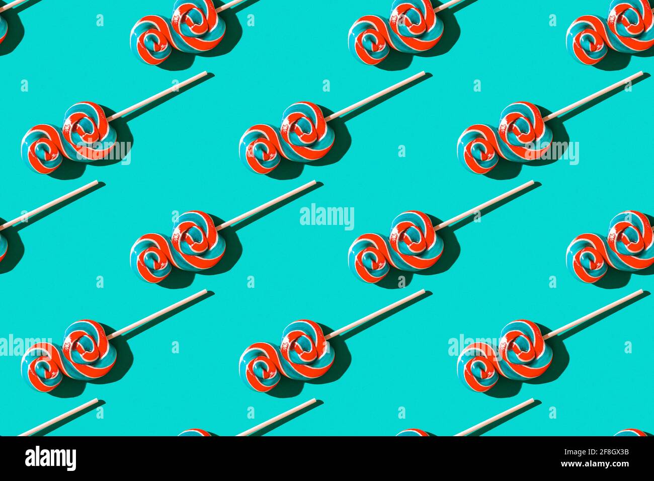 Lollipop süßes Karamell-Bonbon-Muster, Draufsicht. Stockfoto