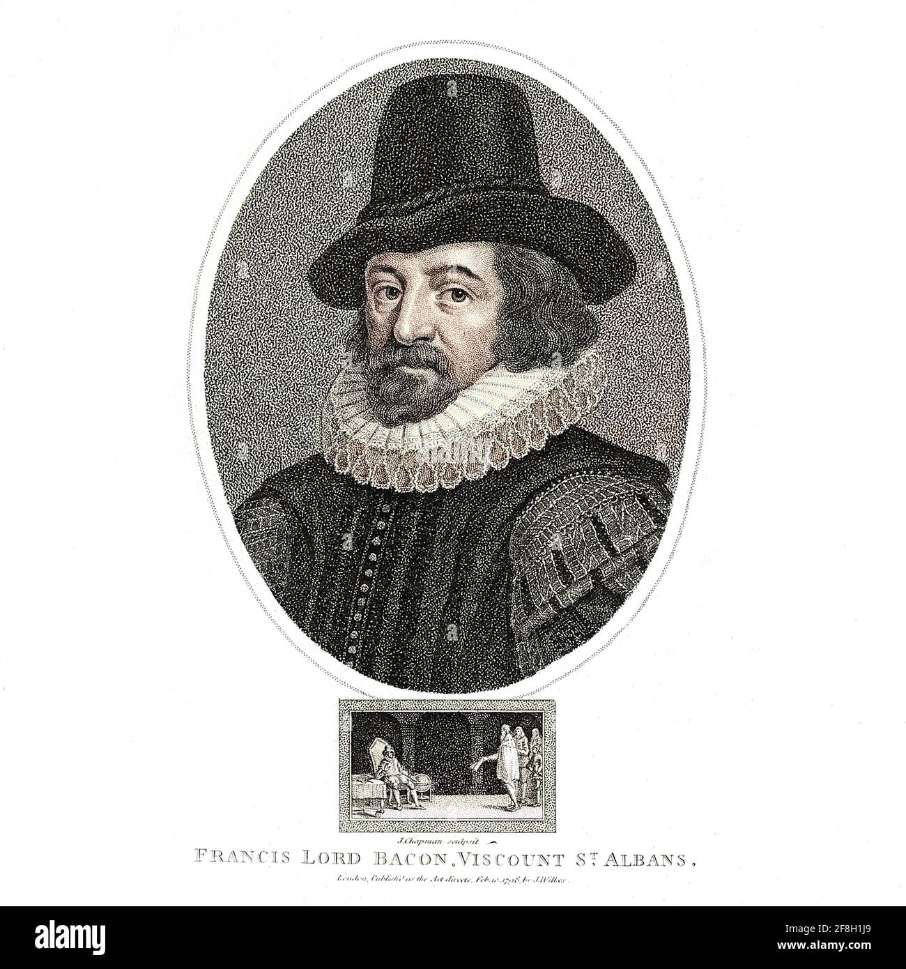 Porträt von Francis Lord Bacon [Francis Bacon, 1st Viscount St Alban, Kt PC QC (22. Januar 1561 – 9. April 1626), auch bekannt als Lord Verulam, war ein englischer Philosoph und Staatsmann, der als Generalstaatsanwalt und Lord Chancellor von England diente. Seine Werke werden als Entwicklung der wissenschaftlichen Methode und blieb einflussreich durch die wissenschaftliche Revolution]. Kupferstich aus der Encyclopedia Londinensis oder, Universal Dictionary of Arts, Sciences, and literature; Band II; herausgegeben von Wilkes, John. Veröffentlicht 1810 in London Stockfoto