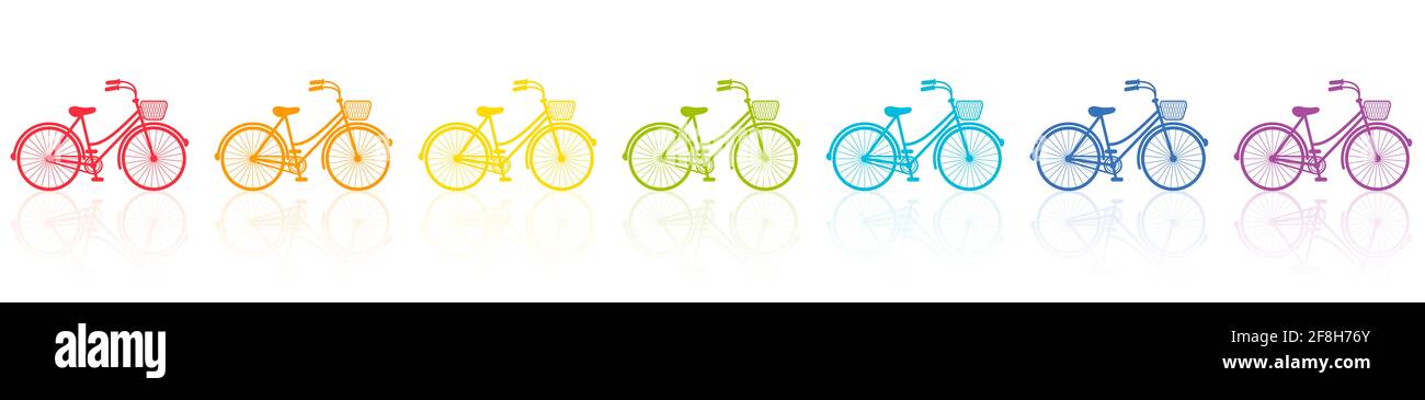 Damenfahrräder, regenbogenfarbene Sammlung von Fahrrädern mit Drahtkörben - Abbildung auf weißem Hintergrund. Stockfoto