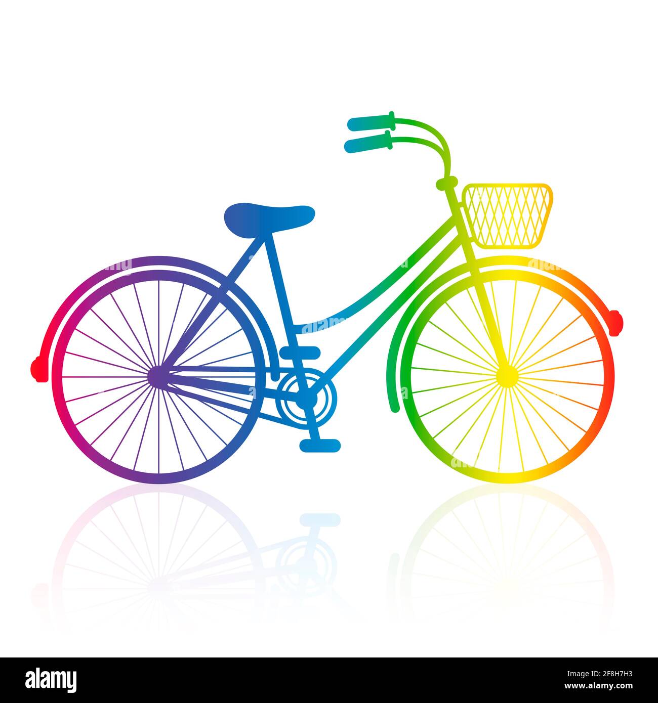 Damenfahrrad, Regenbogen Farbverlauf Fahrrad mit Drahtkorb - Abbildung auf weißem Hintergrund. Stockfoto