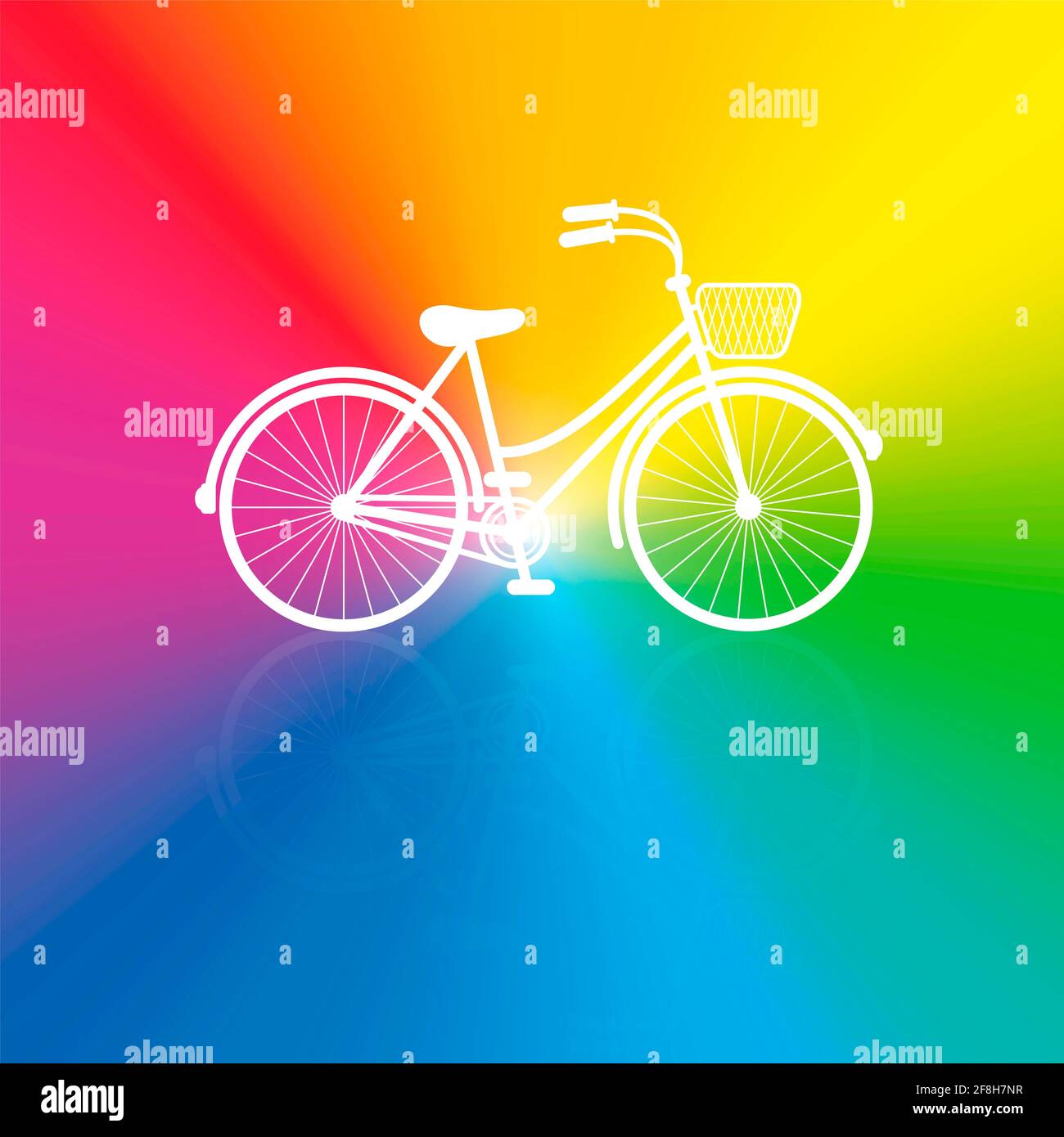 Fahrrad auf Regenbogen Gradienten Hintergrund. Weißes Damenfahrrad mit Drahtkorb. Stockfoto