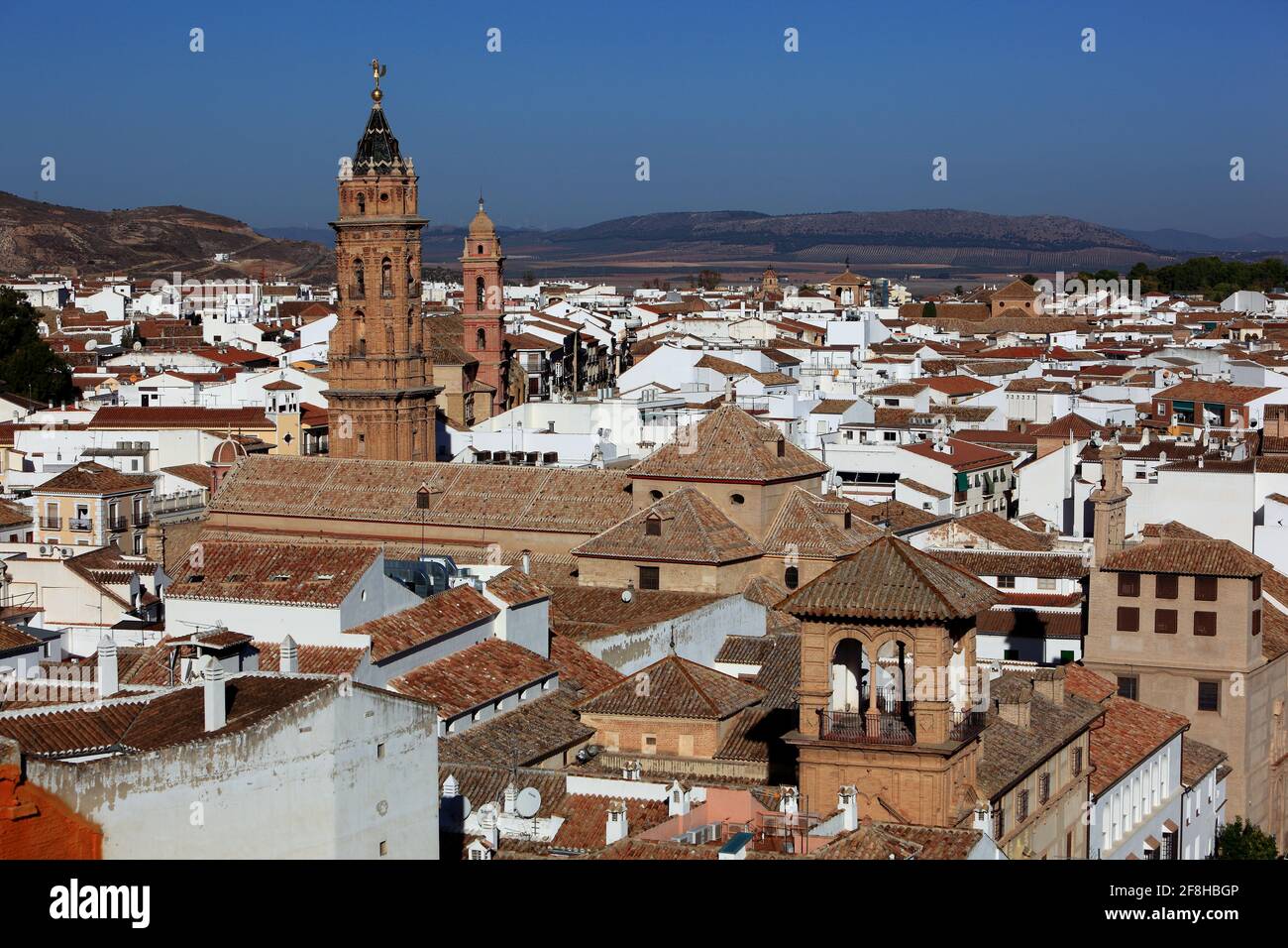 Antequera, Spanien, Andalusien, Blick auf die Altstadt und die Kirche San Sebastian Stockfoto Antequera, Spanien, Andalusien, Blick auf die Altstadt und die Kirche San Sebastian Stockfoto