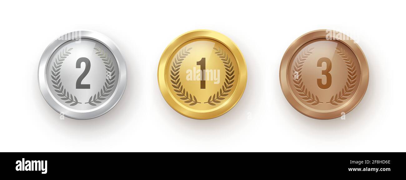 Gold-, Silber-, Bronze-Medaillensatz. Siegertrophäen mit Zahlen und Lorbeer-Vektor-Illustration. Preis im Sport für den ersten, zweiten, dritten pl Stock Vektor