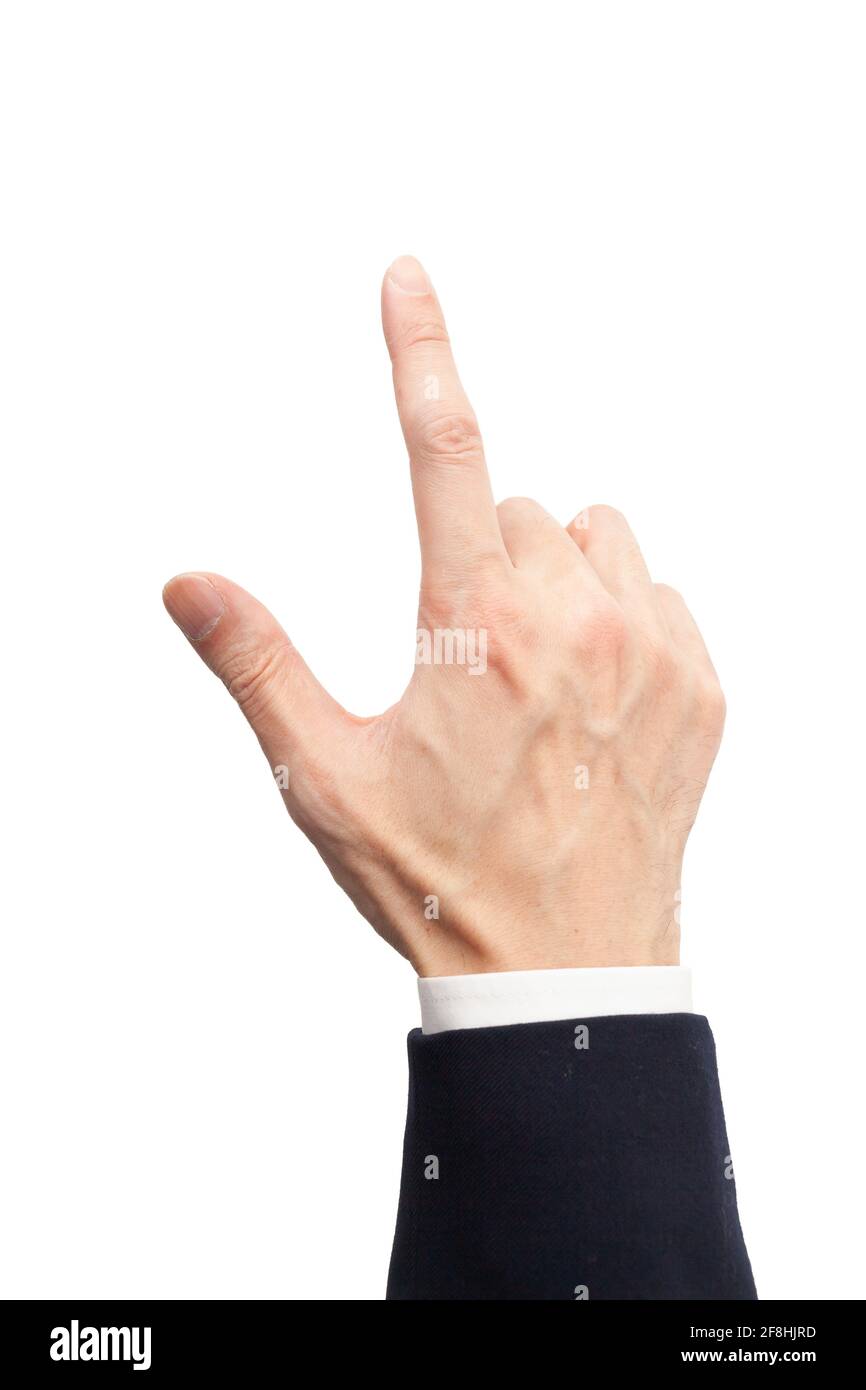 Eine männliche Hand, die das Touchpanel mit Daumen und Zeigefinger bedient, z. B. Tippen, Blättern und Wischen. Stockfoto