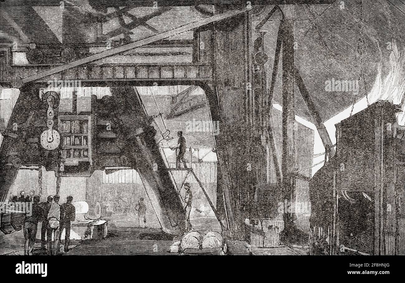 Der große Hammer mit einem Schlag von 3,000 Tonnen, der für schwere Schmiedearbeiten in den Armstrong Whitworth, Elswick Works, Newcastle auf Tyne, England, verwendet wurde, gegründet 1847 von Ingenieur William George Armstrong. Von Great Engineers, veröffentlicht um 1890 Stockfoto