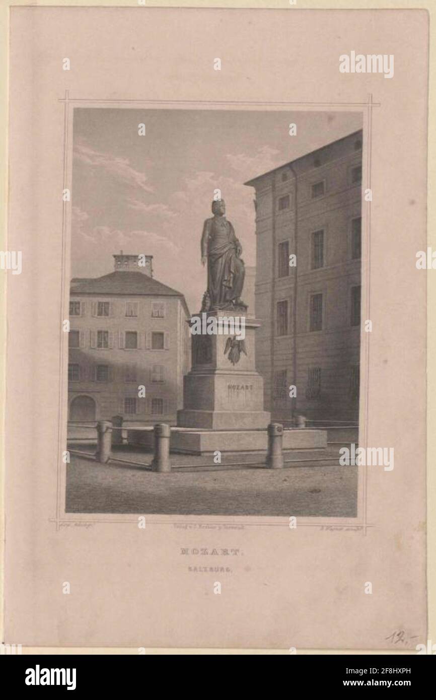 Denkmal Wolfgang Amadeus Mozart (1756-1791) Denkmal auf dem Mozartplatz. 1842, von Ludwig von Schwanthaler; Abguss von Stieglmayr. Druck von Eduard Wagner zu Photo Segl. Stockfoto