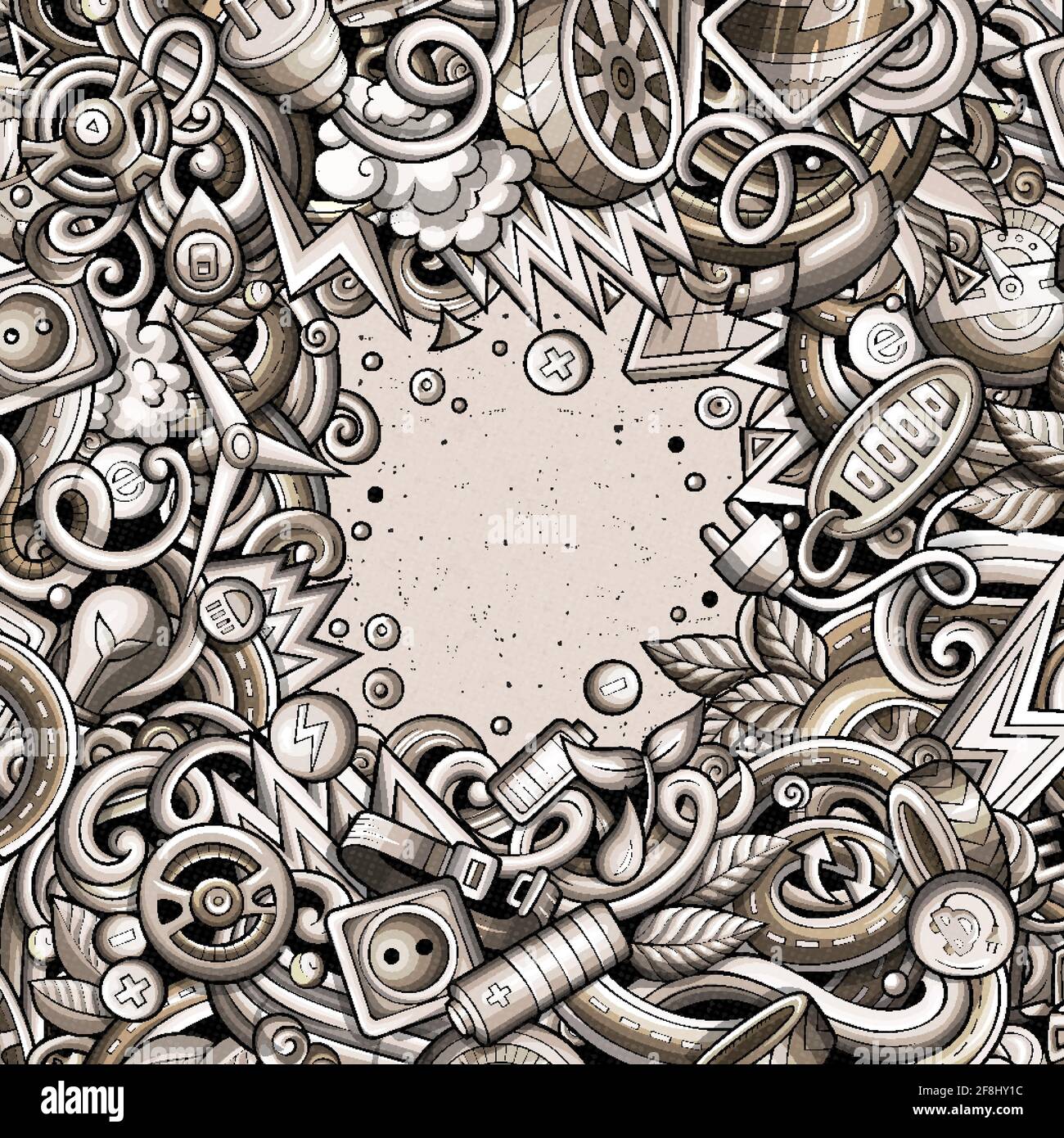 Cartoon niedlichen Kritzeleien Elektro-Fahrzeug Frame-Karte. Monochrom detailliert, mit vielen Objekten Hintergrund. Alle Objekte getrennt. Grenze mit Öko-Autos sym Stock Vektor