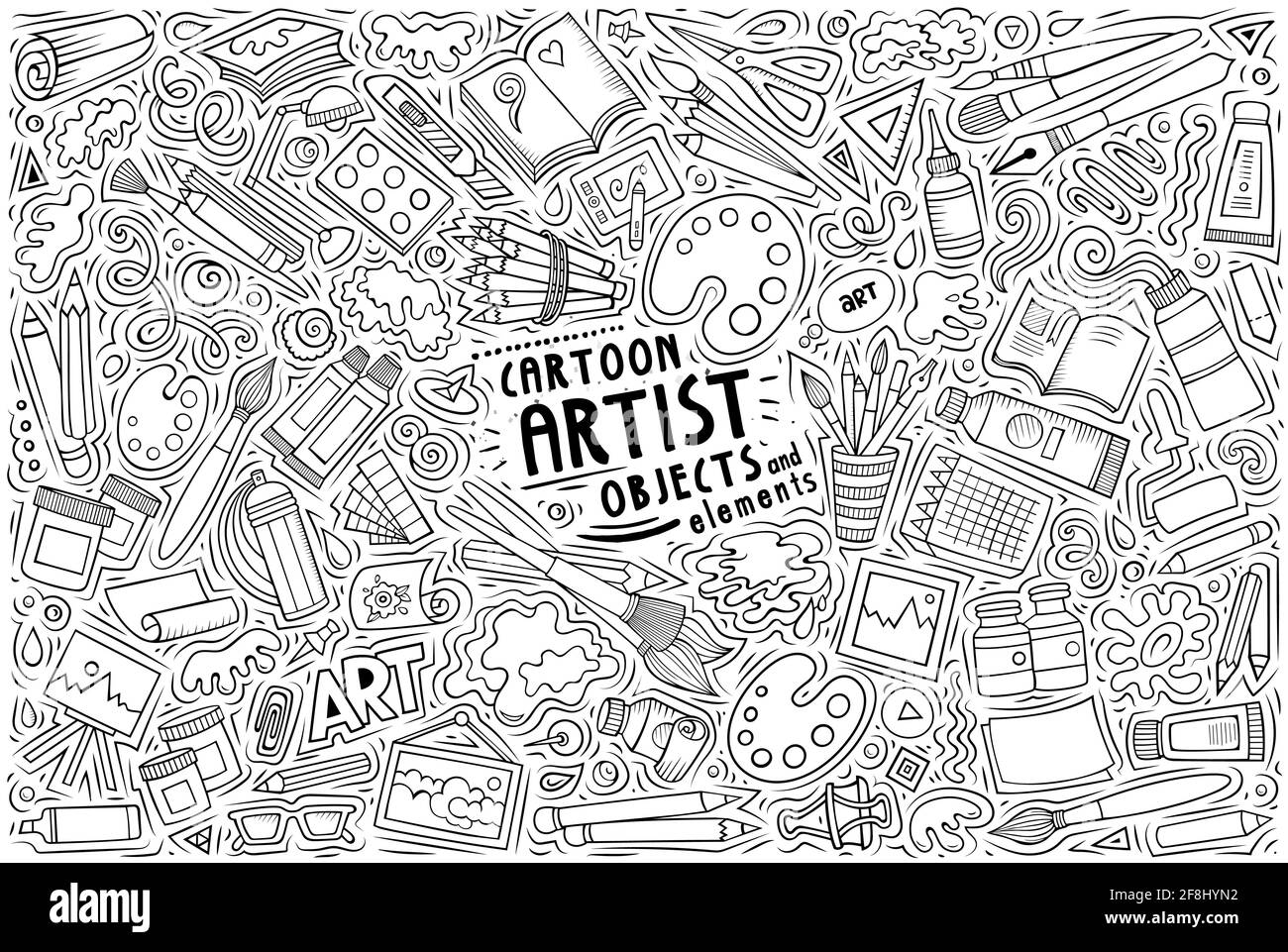 Linie Kunst Vektor Hand gezeichnete Doodle Cartoon Satz von Künstler Thema Artikel, Objekte und Symbole Stock Vektor