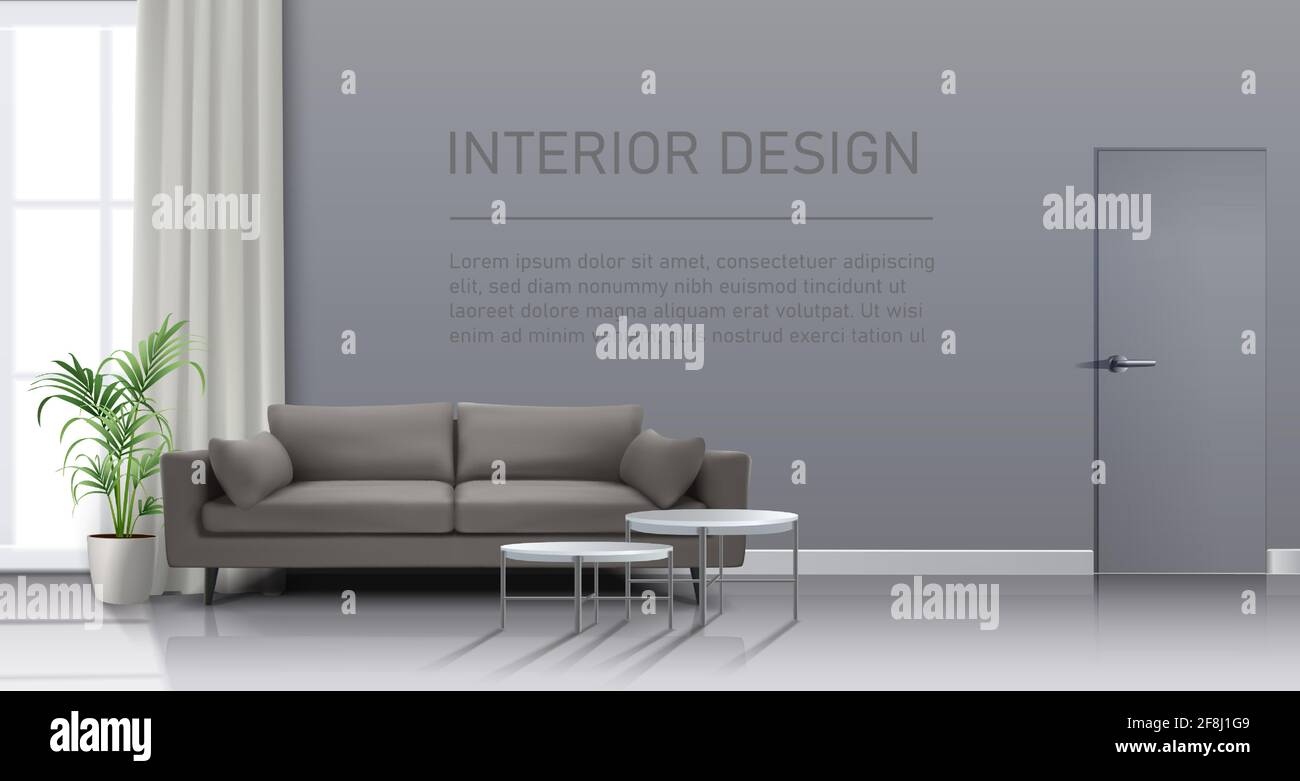 3d realistische Vektor Wohnzimmer mit Fenster, Vorhänge, Sofa mit Couchtischen und Kopierer Platz für Ihre Nachricht. Stock Vektor