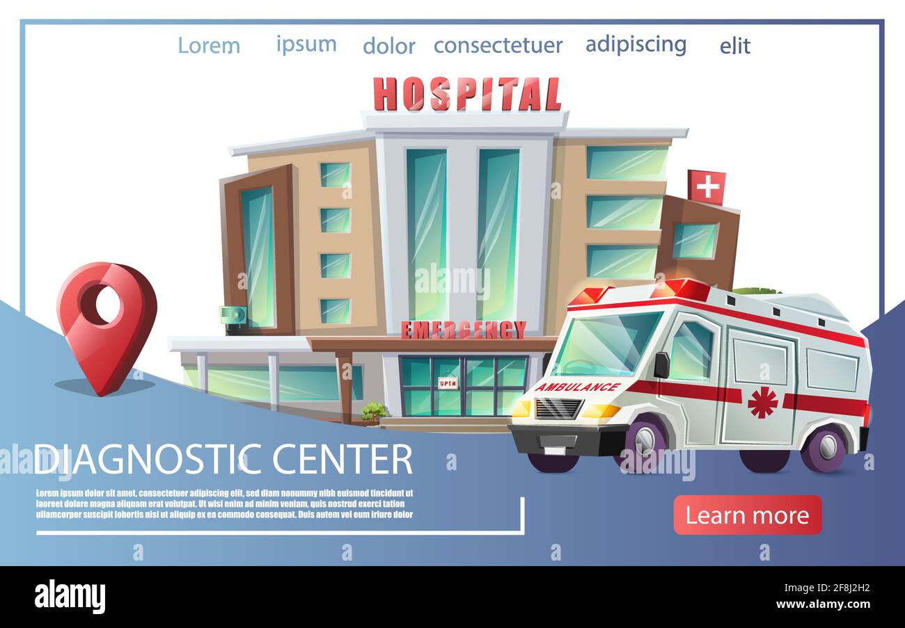 Vektor Cartoon-Stil Hintergrund mit Krankenhaus Gebäude und Krankenwagen. Medizinische Beratung, Banner des Diagnosezentrums. Stock Vektor