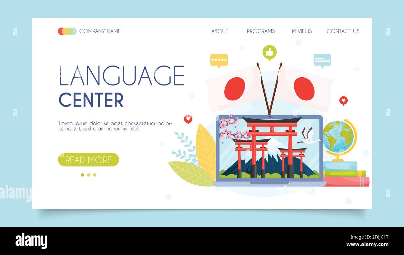 Japanisches Sprachzentrum. Online-Schule. Landing-Page-Konzept. Flaches Design, Vektorgrafik. Stock Vektor