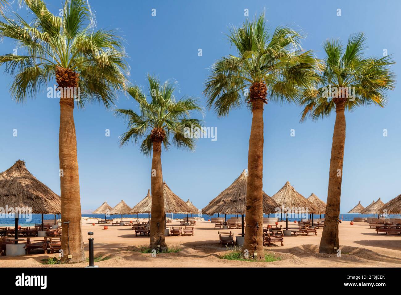 Sonniger Strand in tropischem Resort Stockfoto