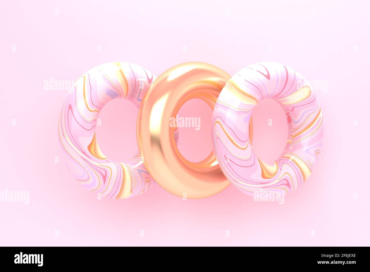 Abstrakter rosafarbener Hintergrund mit Ringen aus Marmor und Gold. 3d-Rendering Stockfoto