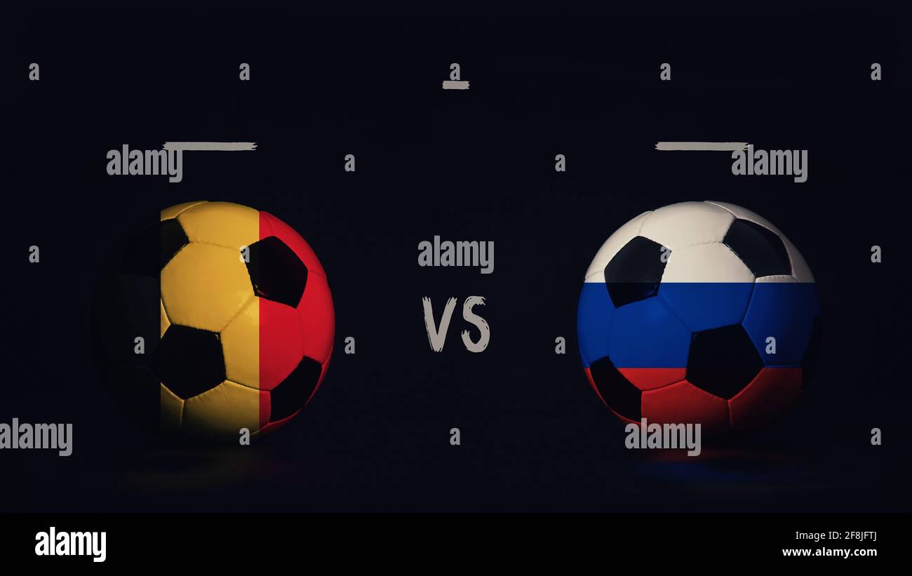 Fußball-EM 2020: Ankündigung des Fußballspieltages in Belgien gegen Russland.  Zwei Fußballbälle mit Länderflaggen, mit Spielinfografik, isoliert auf  schwarzem Hintergrund Stockfotografie - Alamy
