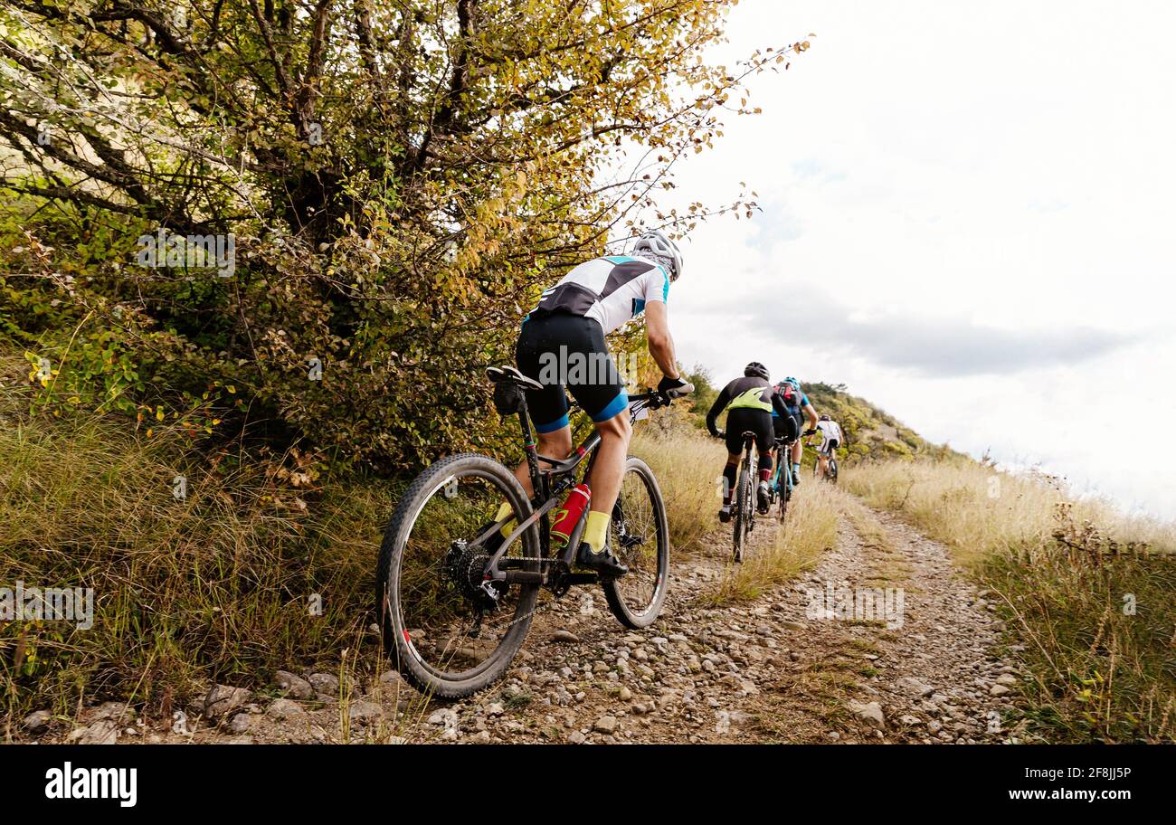 Gruppe männlicher Athlet Radfahrer Reiten Bergweg Stockfoto