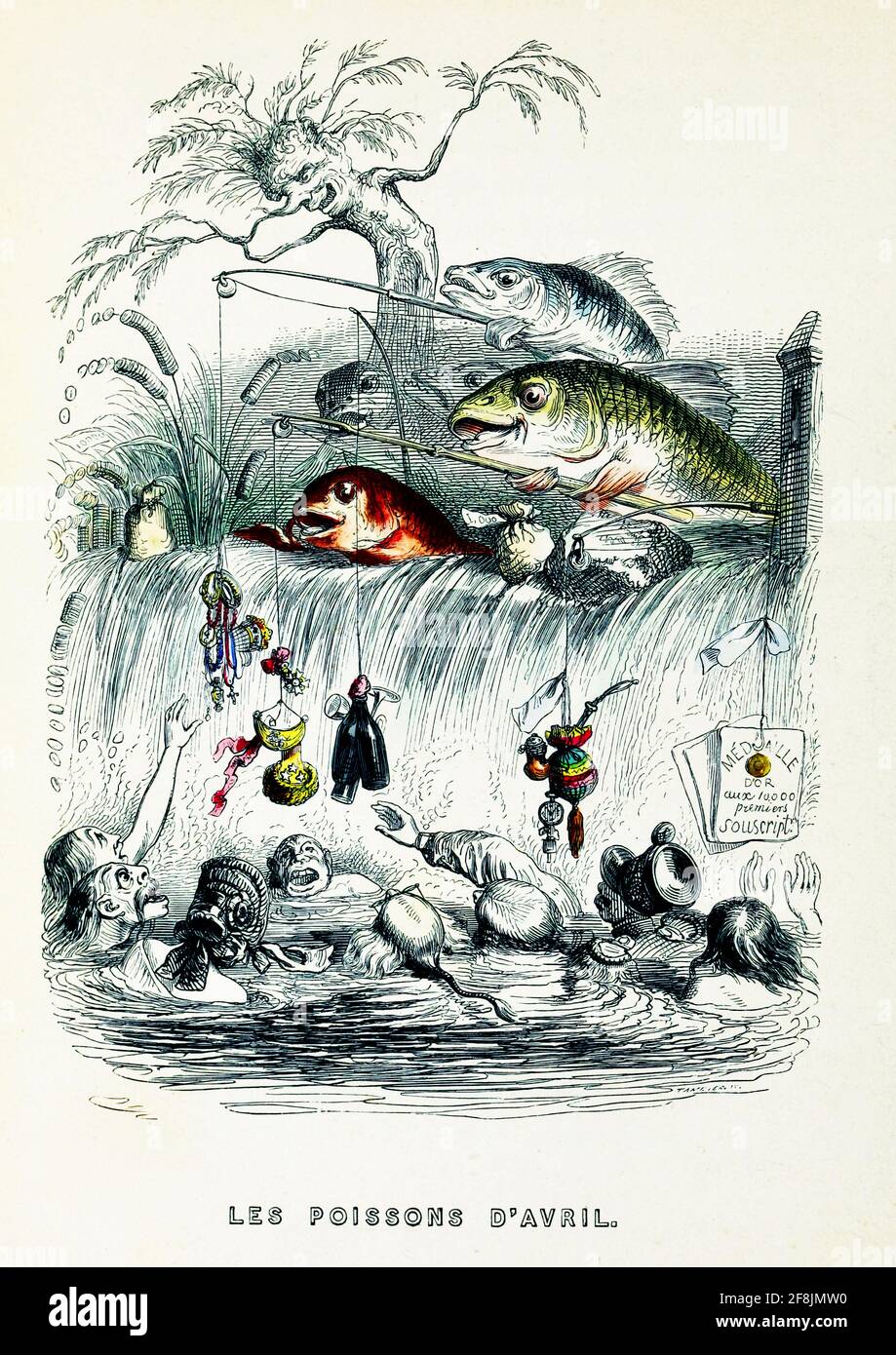 J J Grandville Kunstwerk mit dem Titel Les Poissons d'Avril. Eine Gruppe von Fischen sitzt auf einem Wasserfall mit ihren Ködern Angelruten versuchen, Menschen zu fangen, Stockfoto