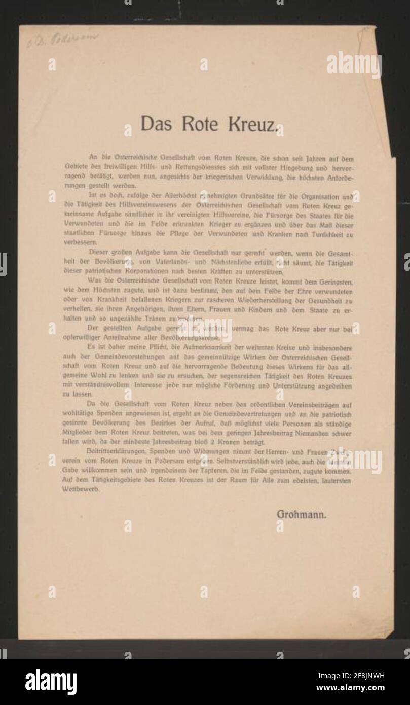 Das Rote Kreuz - Spendenaufruf - Podersam-Rekrutierung eines Mitglieds des Roten Kreuzes - die Mindestjahresgebühr beträgt 2 Kronen - Beitrittserklärungen, Spenden und Widmungen an den Männer- und Frauenverband des Roten Kreuzes in Poderm - Grohmann Stockfoto