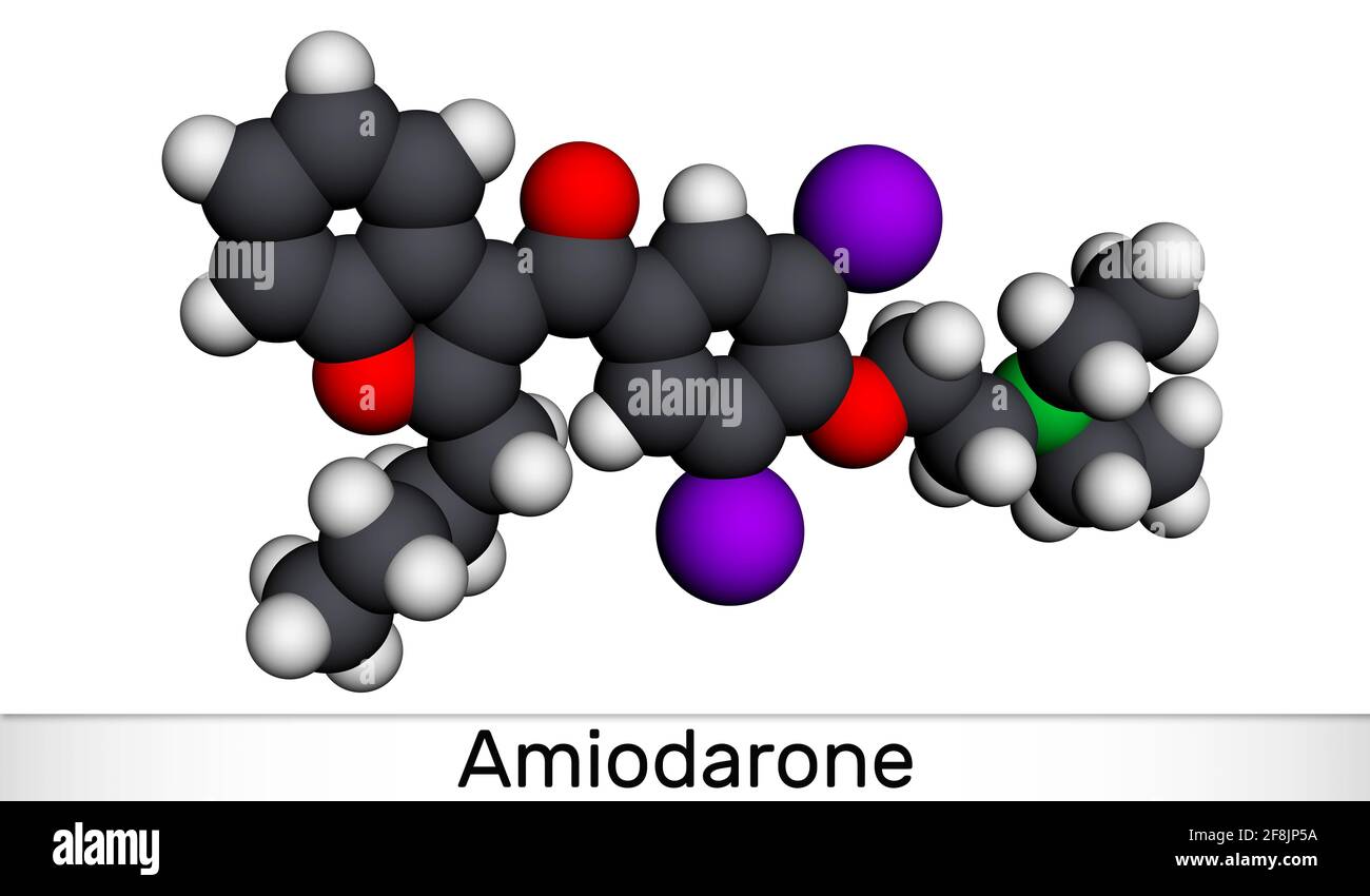 Amiodaron-Molekül. Es handelt sich um antiarrhythmische, gefäßerweiternde, kardiovaskuläre  Medikamente. Molekularmodell. 3D-Rendering. 3D-Illustration Stockfotografie  - Alamy