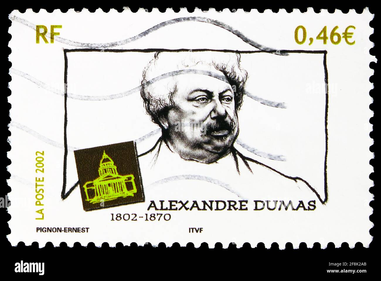 MOSKAU, RUSSLAND - 7. OKTOBER 2019: In Frankreich gedruckte Briefmarke zeigt Alexandre Dumas (1802-1870), berühmte Autorenserie, 0.46 - Euro, um 2002 Stockfoto