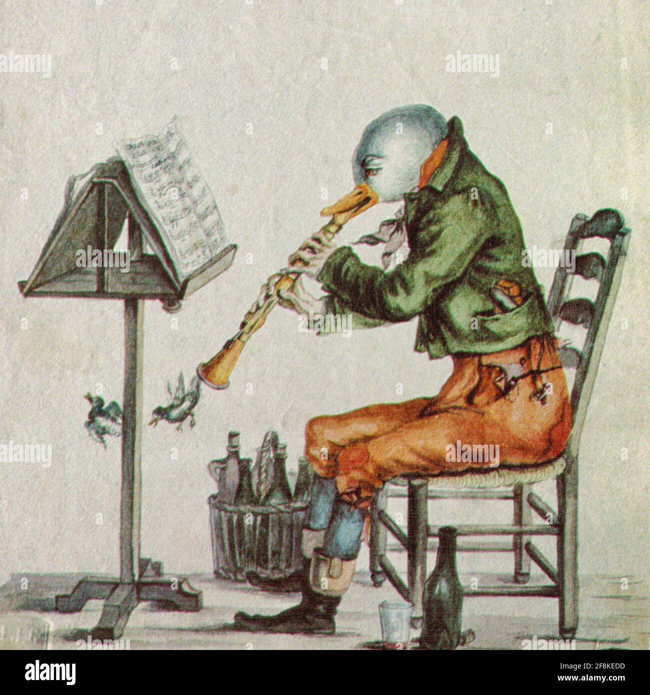 Grandville Kunstwerk mit dem Titel Canard. Eine musikalische Ente liest Musik und bläst Vögel von seinem Instrument, anthroporphisches Bild vom französischen Karikaturisten. Stockfoto