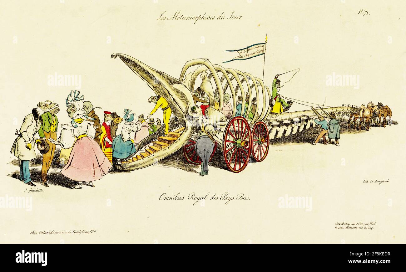 J J Grandville Kunstwerk mit dem Titel The Dutch Bus - seltsames Pferd gezogenes Walskelett, das für öffentliche Verkehrsmittel verwendet wird. Anthroposophische Passagiere. Stockfoto