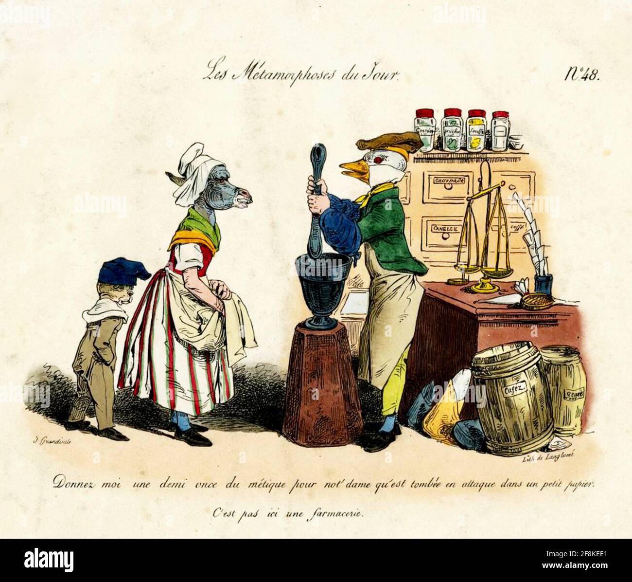 J J Grandville Kunstwerk mit dem Titel Donnez moi une demi once du métique. Stockfoto