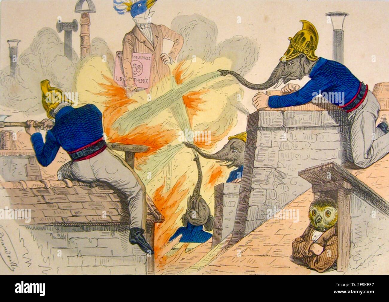 J J Grandville Kunstwerk mit dem Titel The Animal Fire Brigade. Elefanten als Feuerwehrmann stehen auf einem Dach und löschen ein Feuer. Eine Eule sieht unbeeindruckt aus. Stockfoto