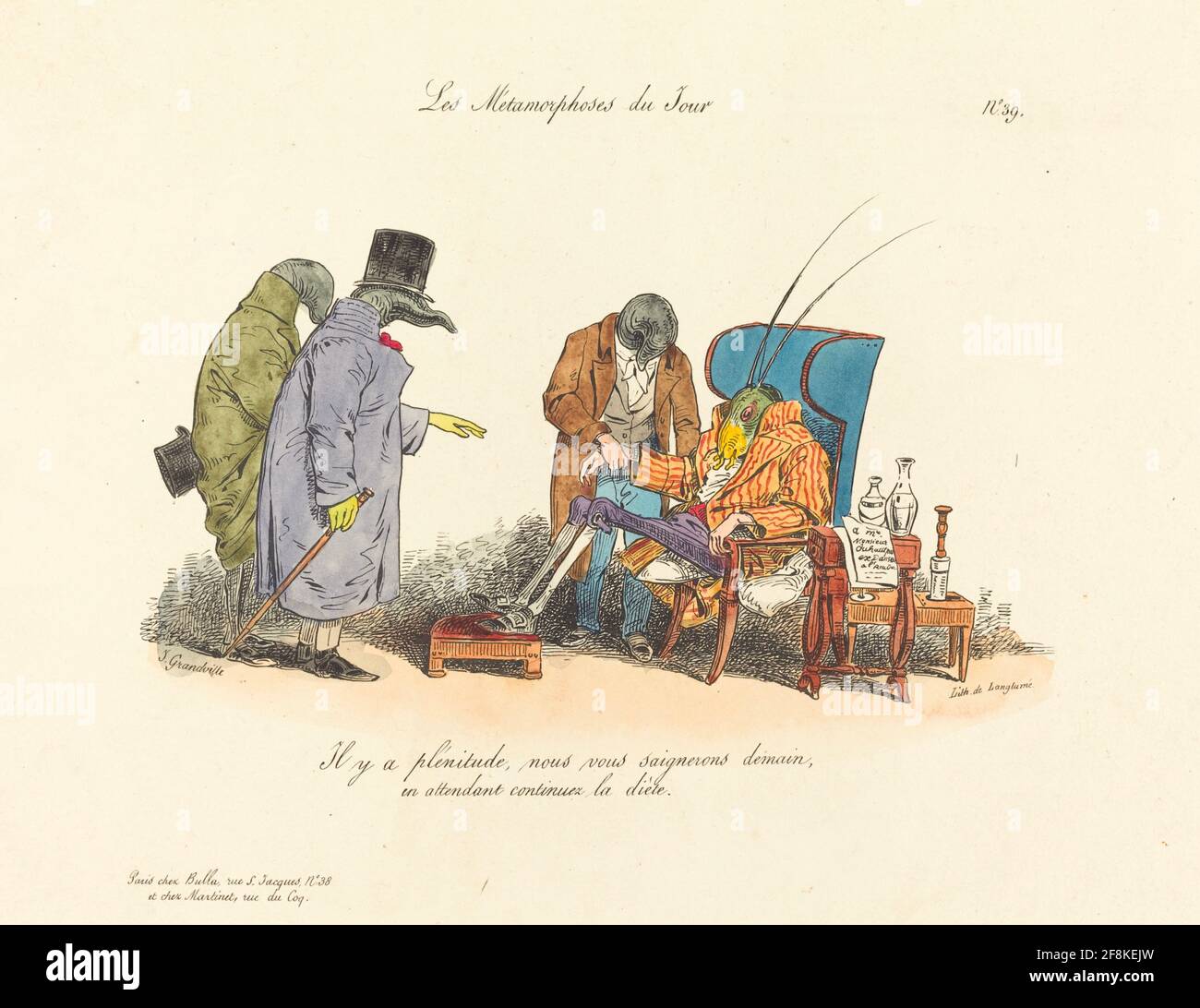 J J Grandville skurrile Kunstwerk mit dem Titel The Sailing Cricket. Eine Cricket bei schlechter Gesundheit wird von einer Gruppe seltsamer Kreaturen betreut. Stockfoto