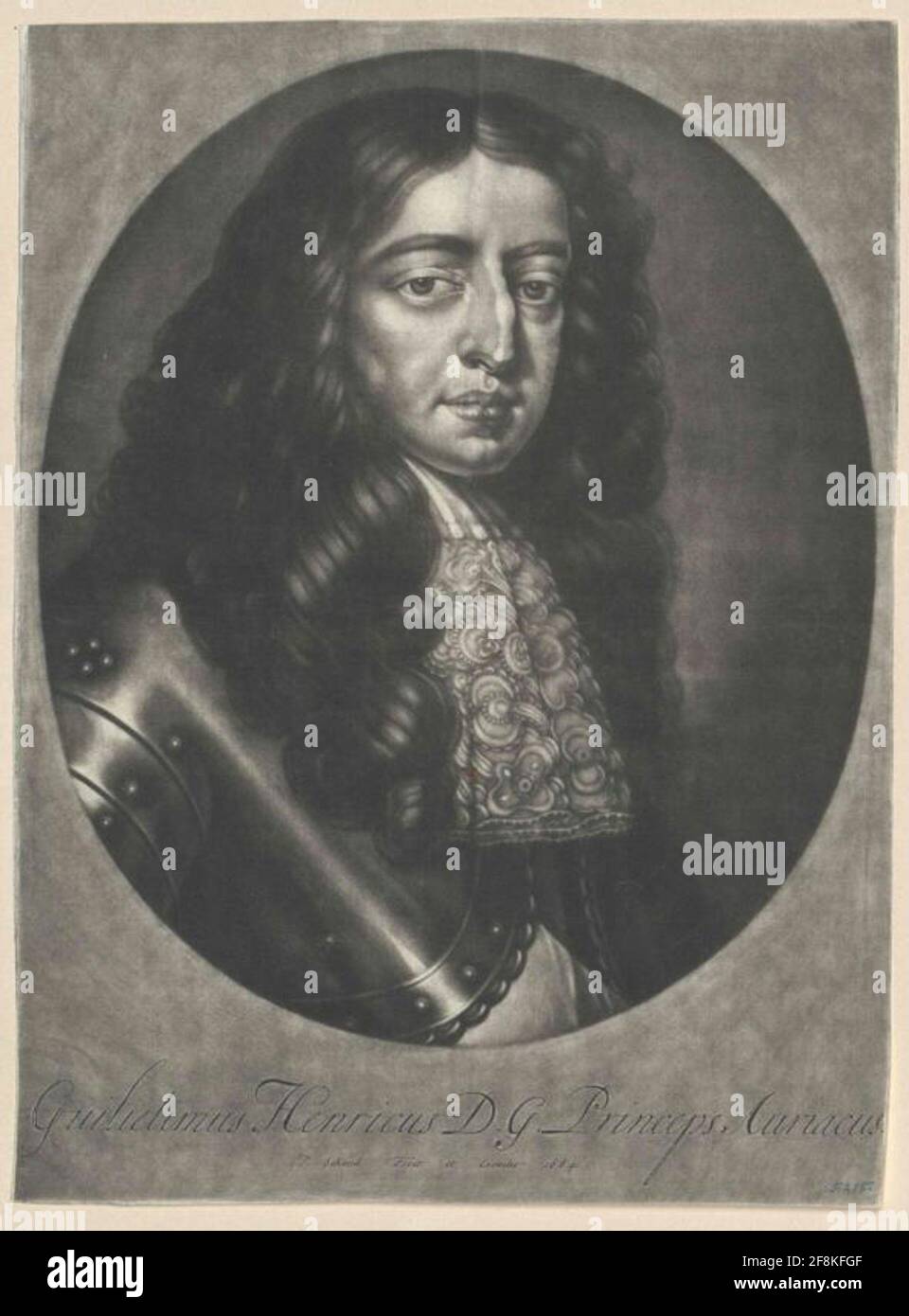 Wilhelm III., Prinz von Orania, König von England Brustbild, halb rechts; mit allon Perücke; in Harnic, mit Top-Jabot; in ovaler rechteckiger Umgebung; darunter die Darstellung des einzeiligen Lateinischen. Legende; nummerierte Bezeichnung des Schabürstlers und Verlegers, datiert. Kegel, hergestellt und bewegt von Pieter Schenk. Stockfoto