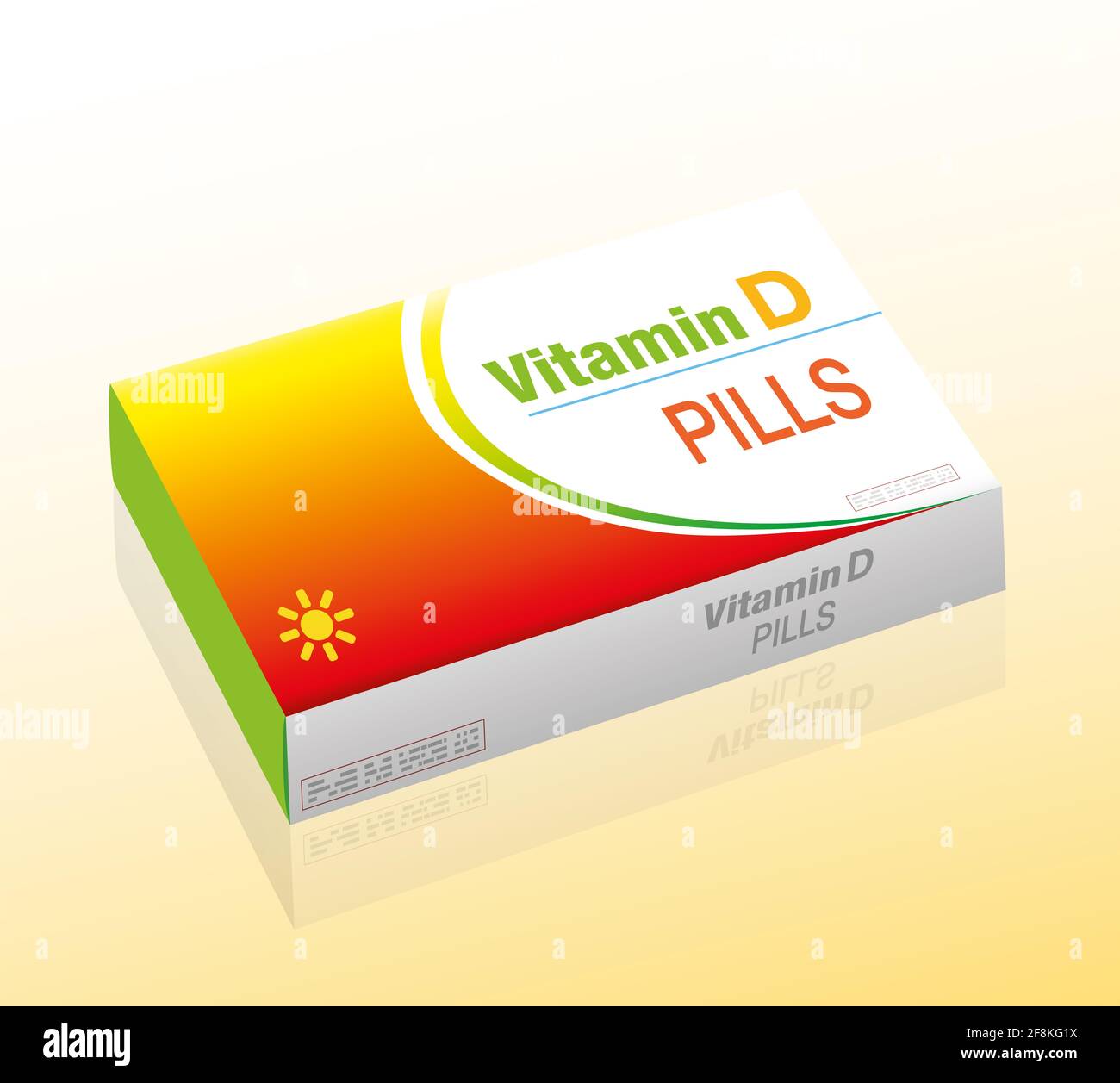 Vitamin-D-Pillen, als Ergänzung zu einer gesunden Ernährung, medizinische Dummy-Paket mit Tabletten, die Vitamin-D-Mangel zu verhindern, Illustration, weißer Hintergrund. Stockfoto