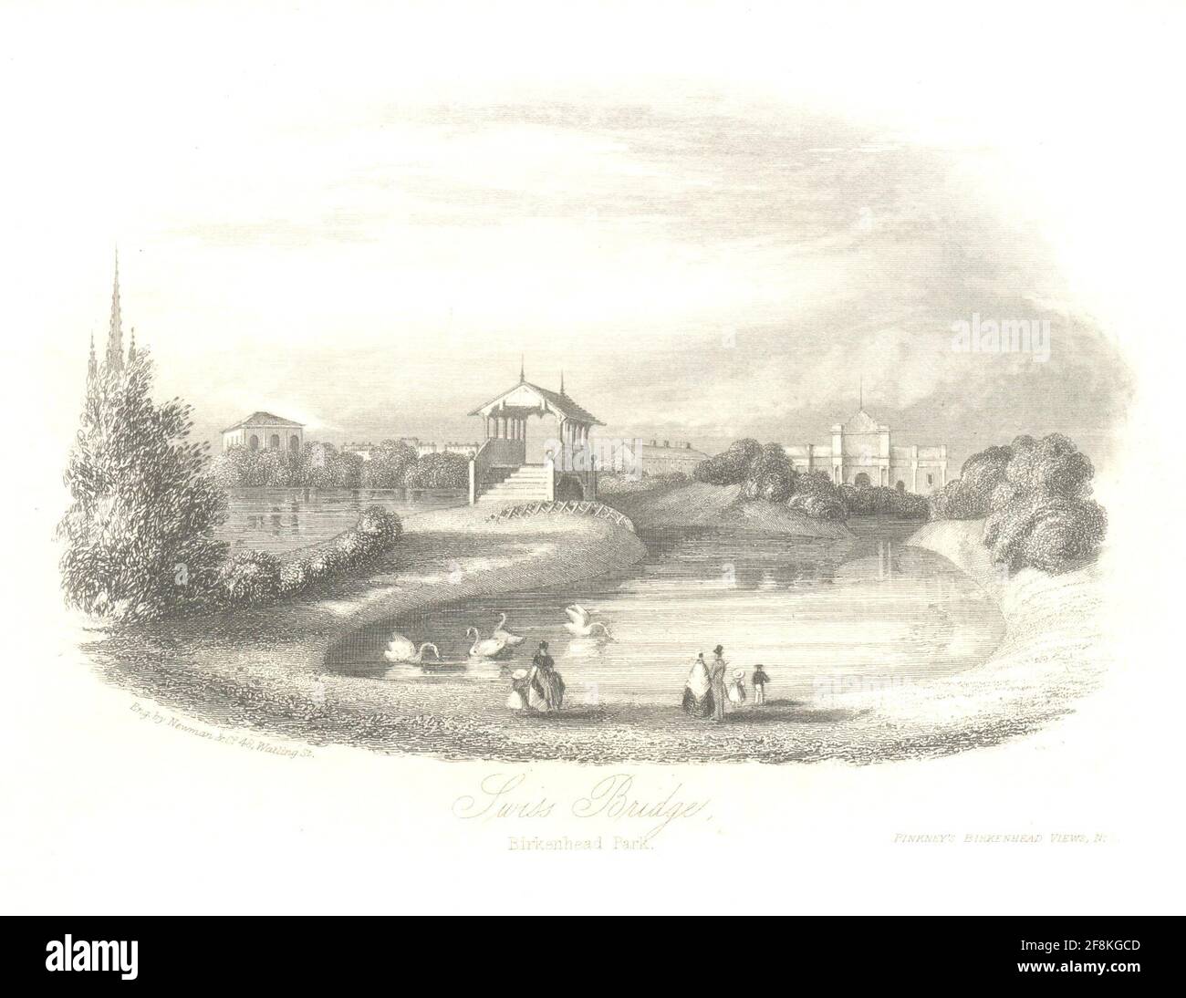 Kupferstichblatt der Schweizer Brücke im Birkenhead Park, Wirral 1847 Stockfoto