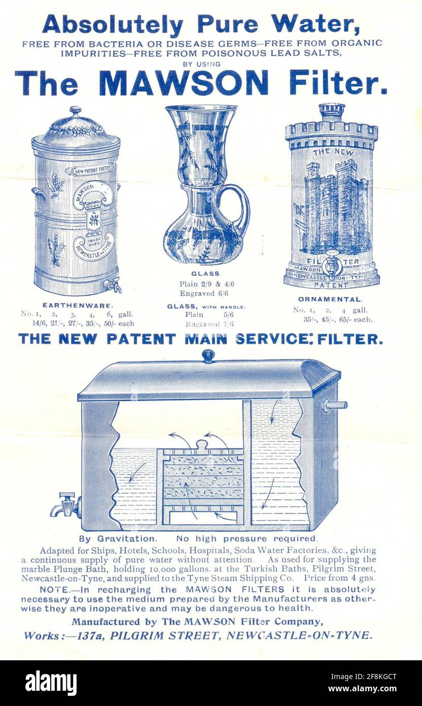Werbebroschüre für den Mawson Wasserfilter und den New Patent Haupt Service Filter ca. 1895 Stockfoto