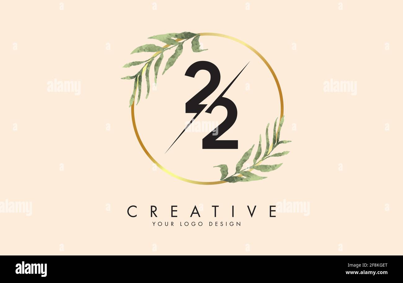 Nummer 22 2 Logo-Design mit goldenen Kreisen und grünen Blättern auf Ästen. Vektor-Illustration mit der Nummer 2 für persönliches Branding, Corporate, b Stock Vektor
