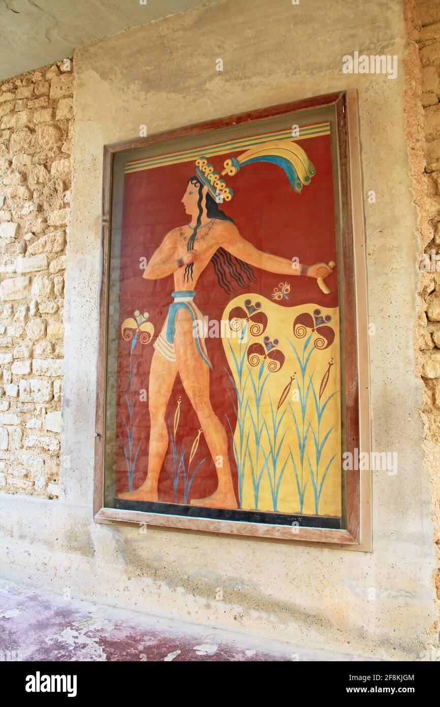 Fresko des Fürsten der Lilien im Palast von Knossos auf Kreta, Griechenland Stockfoto