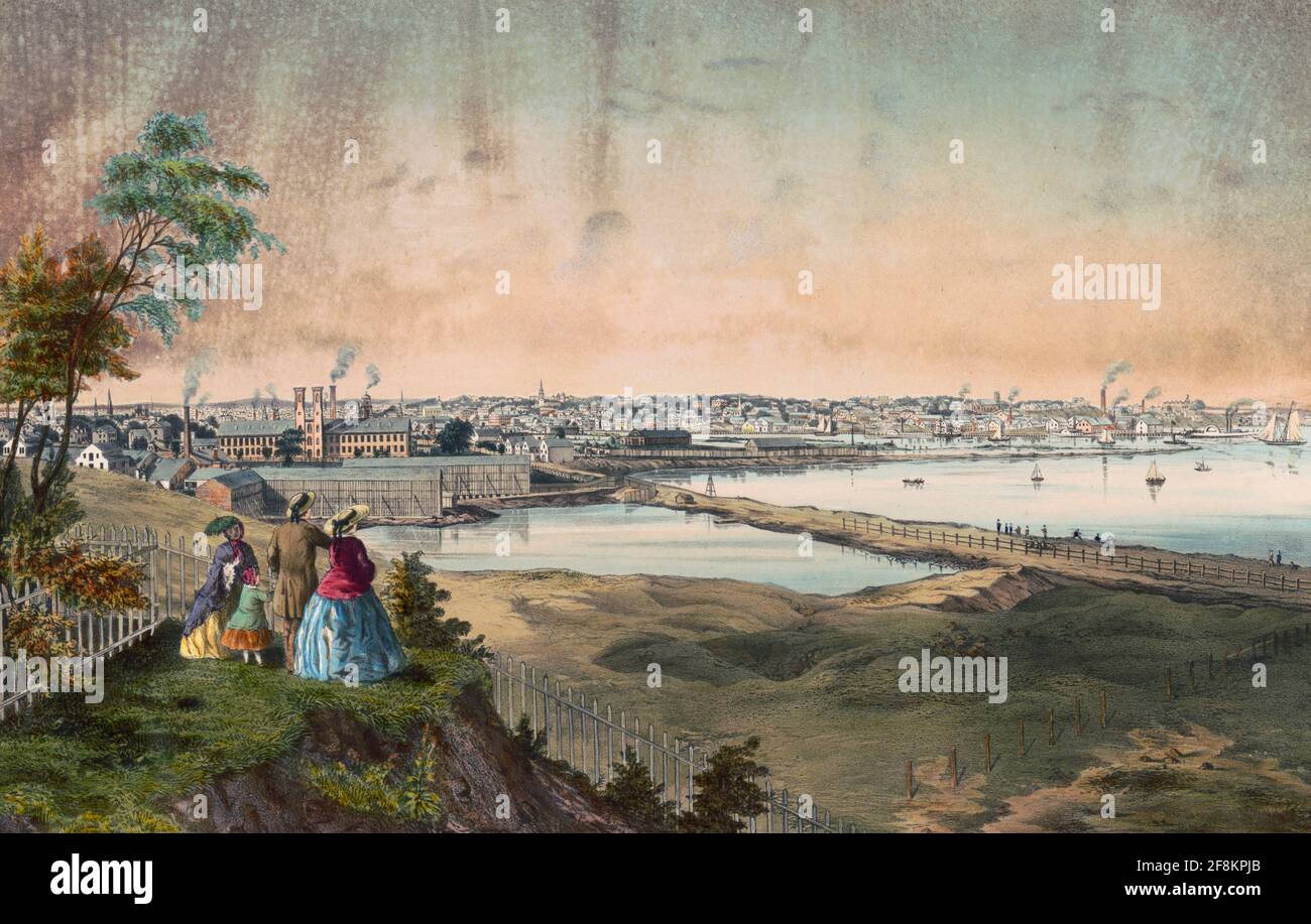 Providence, R.I., Hafenansicht, aufgenommen vom Gelände von George W. Rhodes, Esquire - Druck zeigt Blick auf den Hafen und das Hafengebiet von Providence, Rhode Island, 1858 Stockfoto