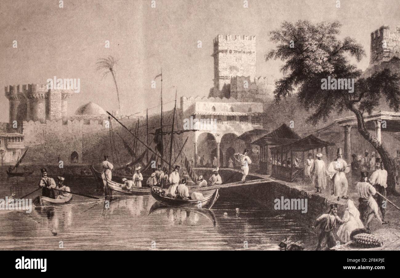 Ein kleiner Hafen in Rhodos, 19. Jahrhundert Stockfoto