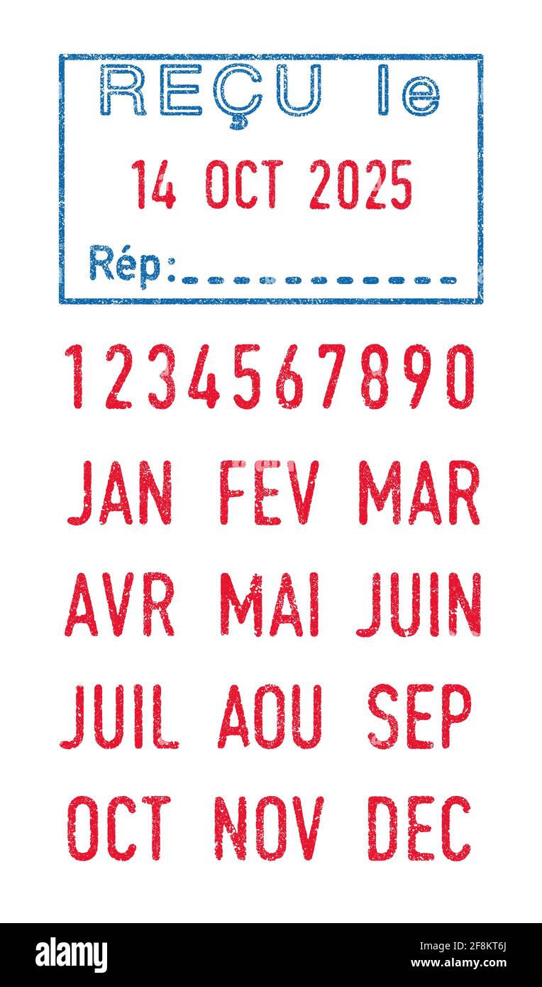 Vektordarstellung des französischen Wortes Recu (empfangen) in blauer Tinte und editierbare französische Daten (Tag, Monat und Jahr) in roter Tinte Stock Vektor