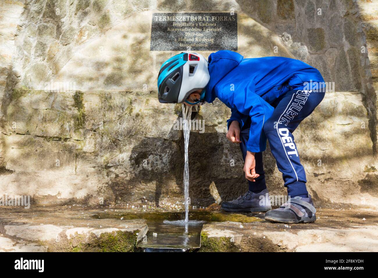 Kind trinkt frisches natürliches Quellwasser in Termeszetbarat-forras (Waldquelle), in der Nähe von Szalamandra-to (künstlicher Teich), Sopron, Ungarn Stockfoto