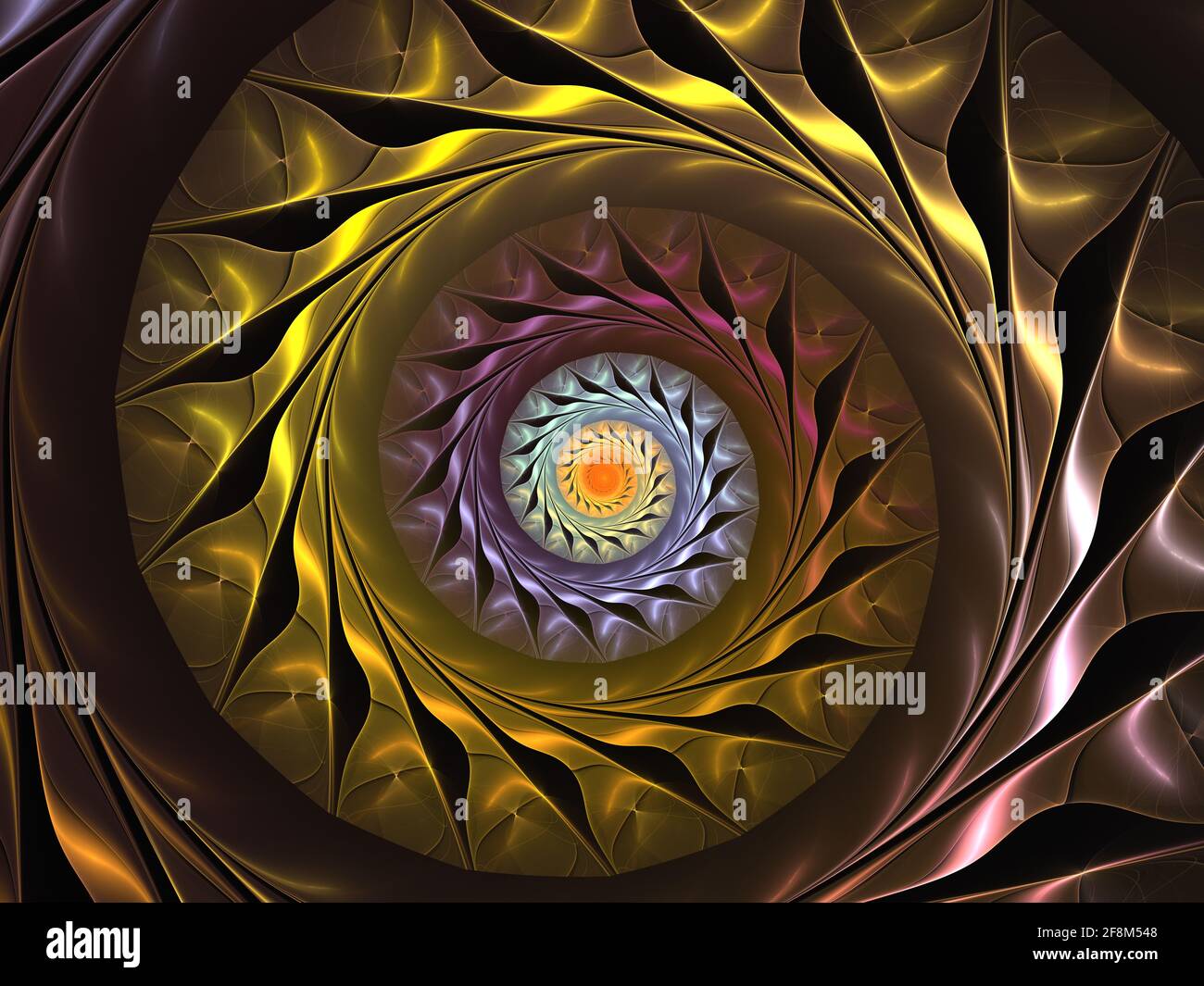 Abstrakte fraktale Form. Unendliche Spirale. Geheimnisvolles psychedelisches Entspannungsmuster. Dynamische natürliche Formen. Heilige Geometrie. Mystische Lichtspirale. Stockfoto
